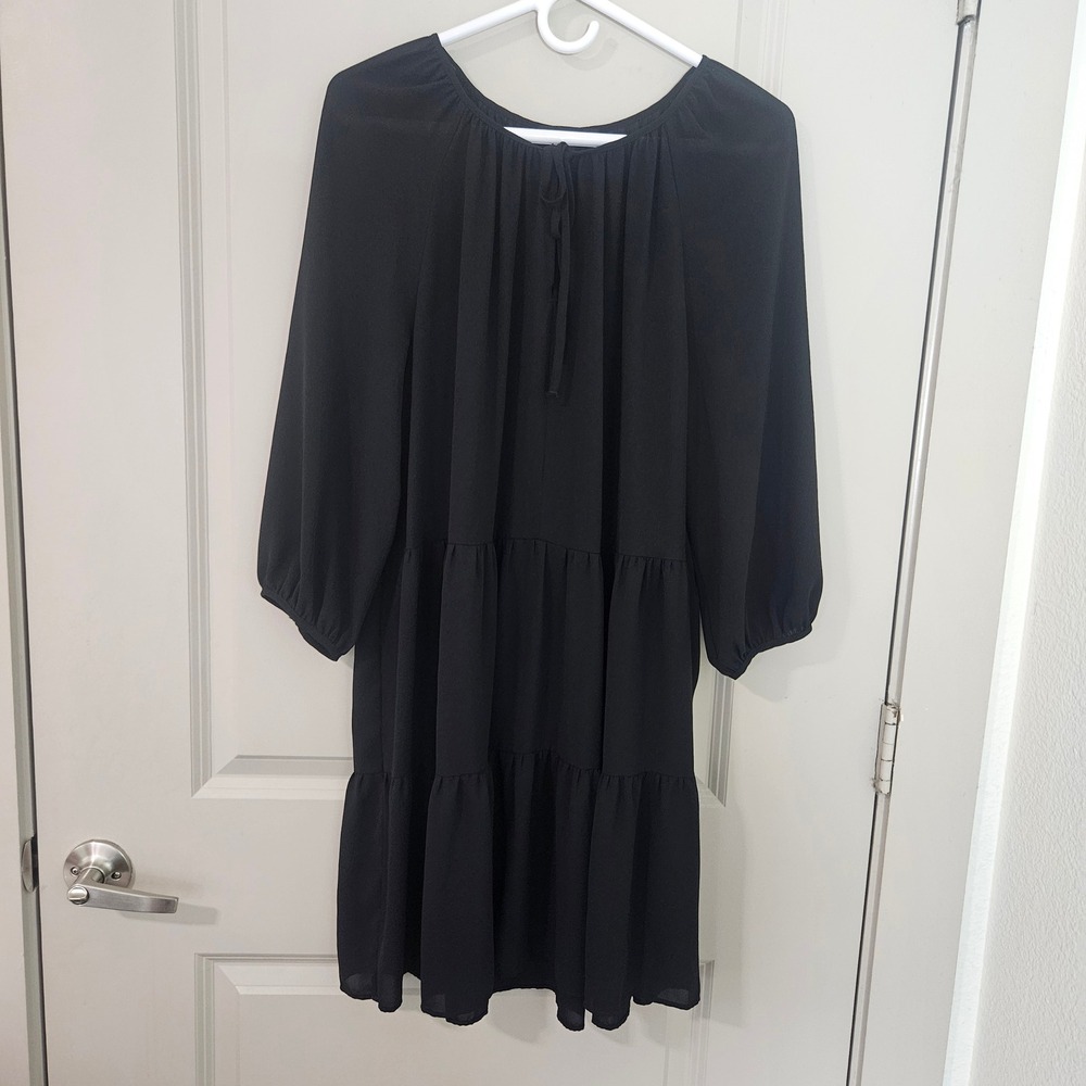 Banana Republic Womens Black Tiered Mini Dress Long Sleeve Tie Neck Size M